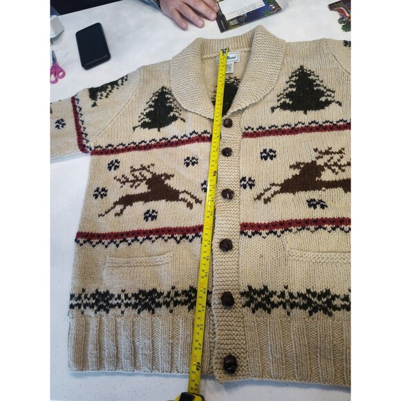 LL Bean Christmas Tree Reindeer Wool Cardigan Sweater Knot buttons Medium - Picture 3 of 6